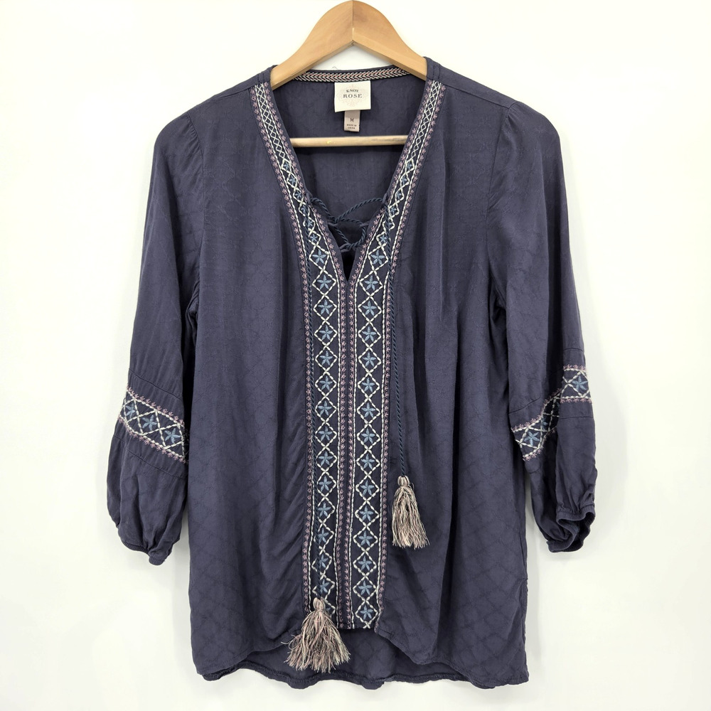 Knox Rose 3/4 Sleeve Boho Peasant Blouse Embroidered Tassels Festival Size M